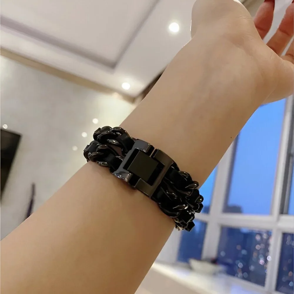 Apple Watch Band Luxury Adjustable Stylish Strap Silver Stainless Chain Black